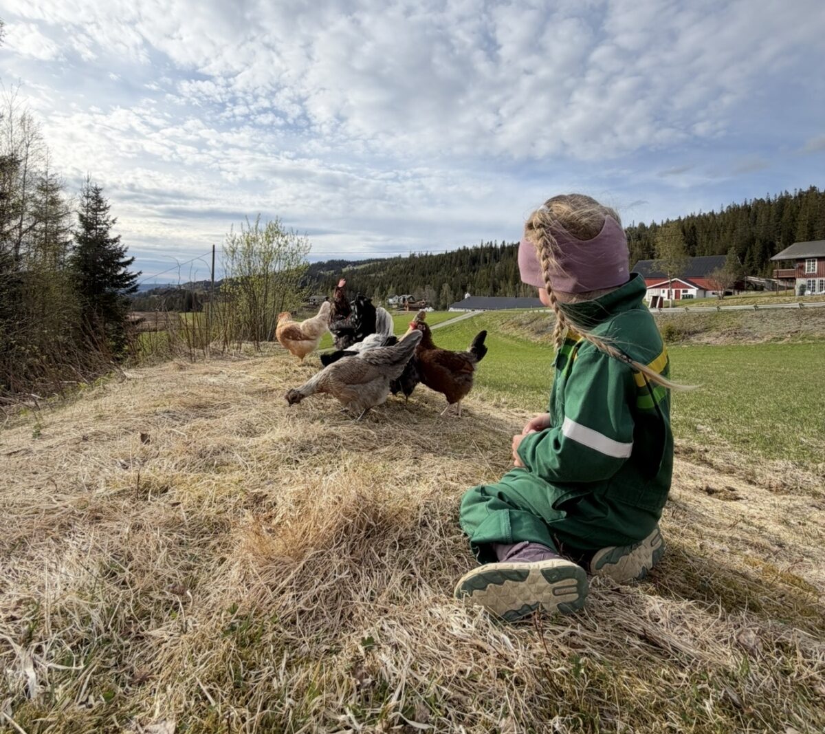Jente i grønn Felleskjøpetdress sitter og ser på høener